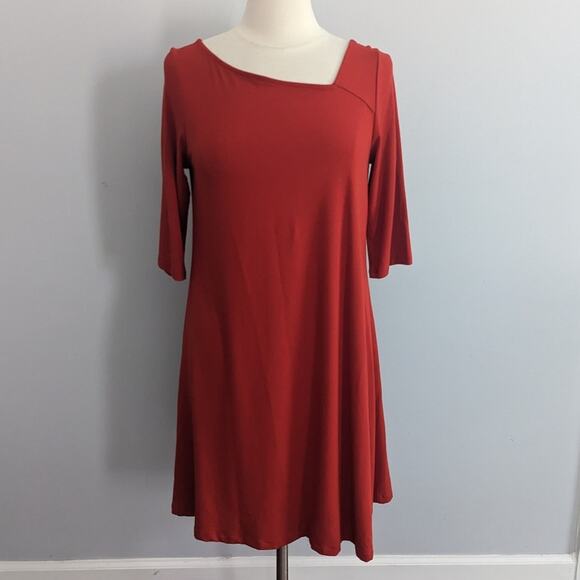 Eileen Fisher Dresses & Skirts - Eileen Fisher Coral Orange Asymmetrical Neckline Viscose Spandex Dress Medium